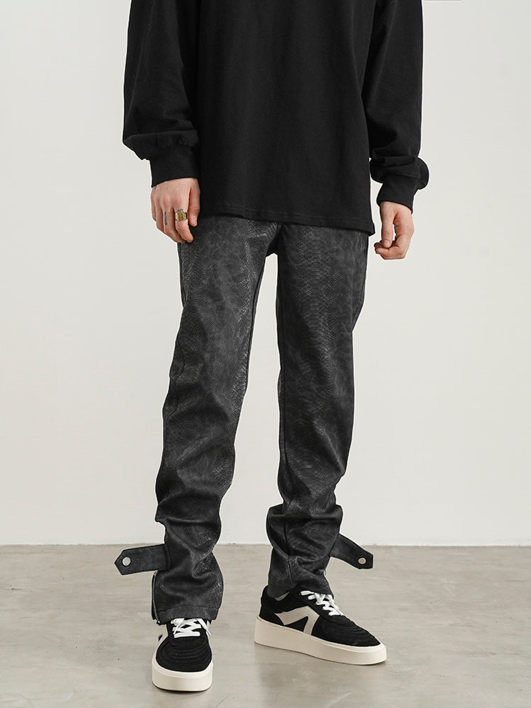 Black Snakeskin PU Button Straight Leather Pants