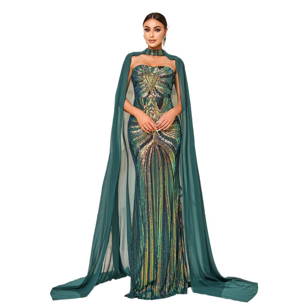 European & American Long Sleeve Round Neck Sequin Dress