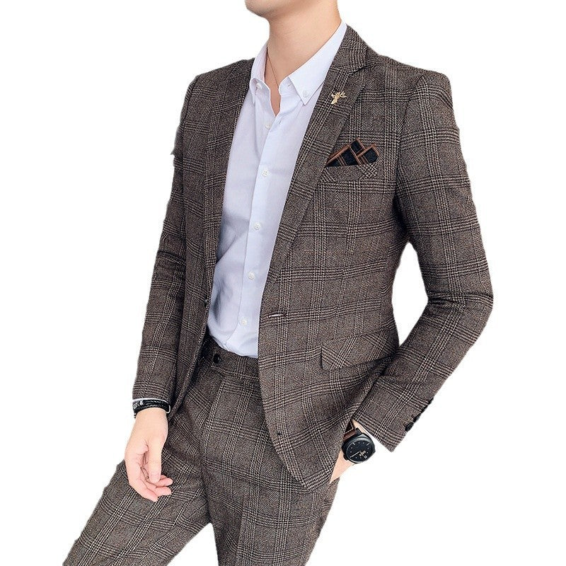 Men's Slim Fit Plaid Two-Piece Business Casual Suit