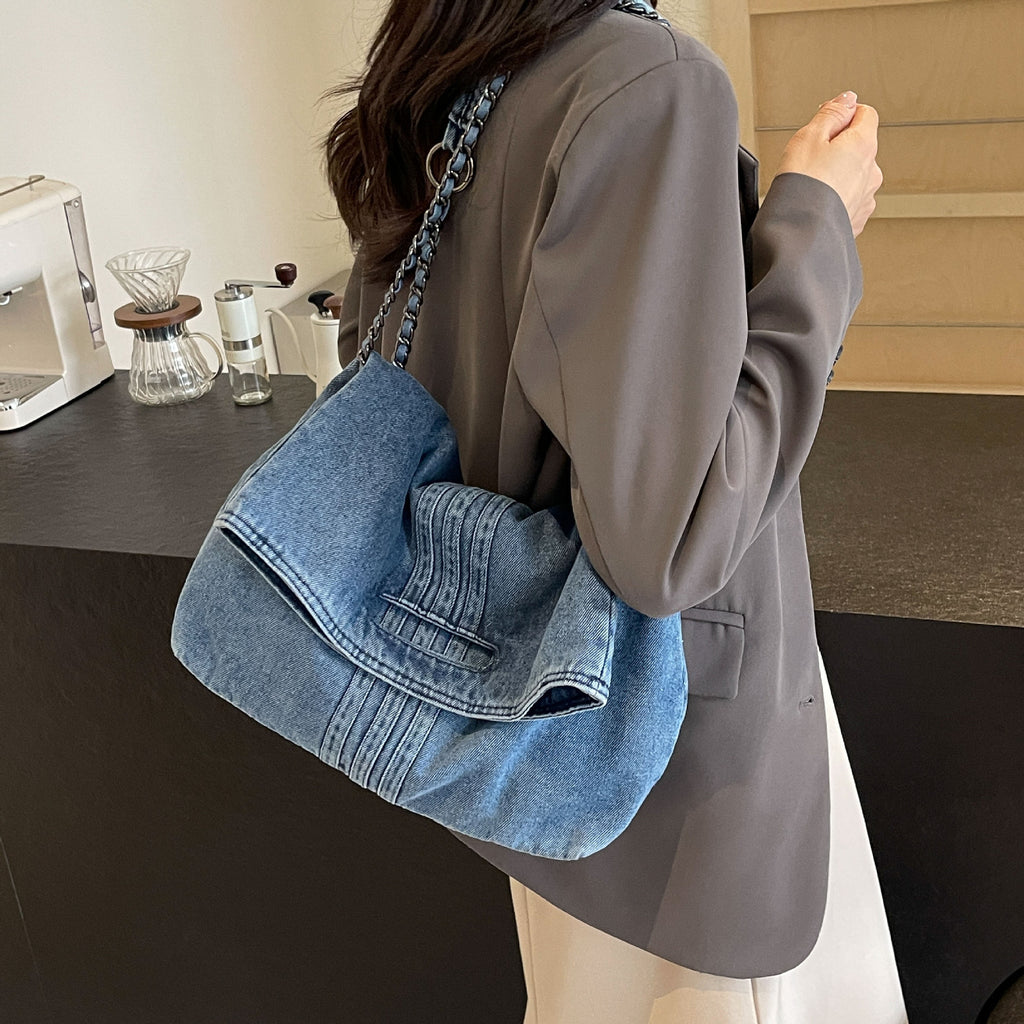 Denim Simple Shoulder Messenger Bag with Chain Detail
