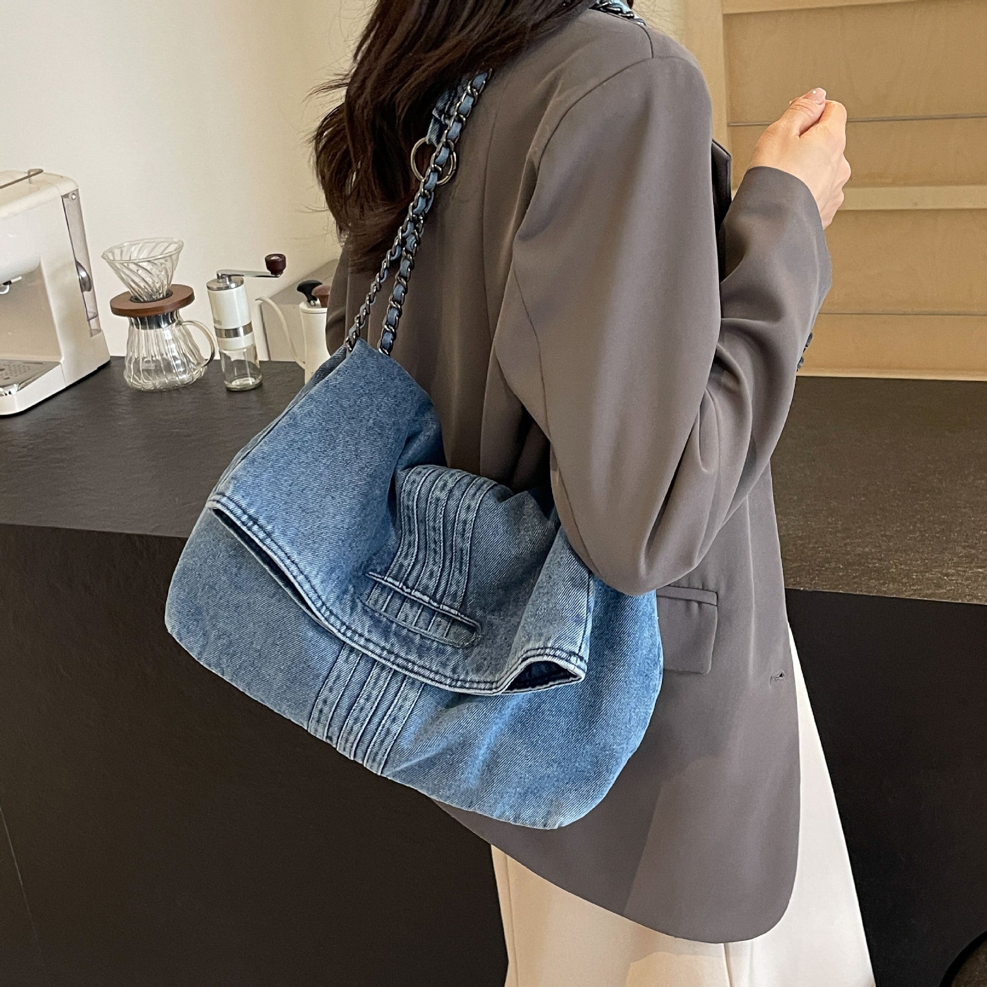Denim Simple Shoulder Messenger Bag with Chain Detail