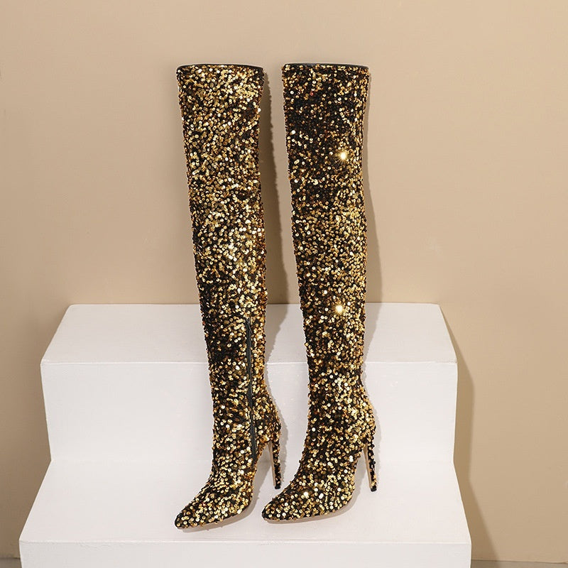 Sequin Side-Zip Over-the-Knee Stiletto Boots for Women