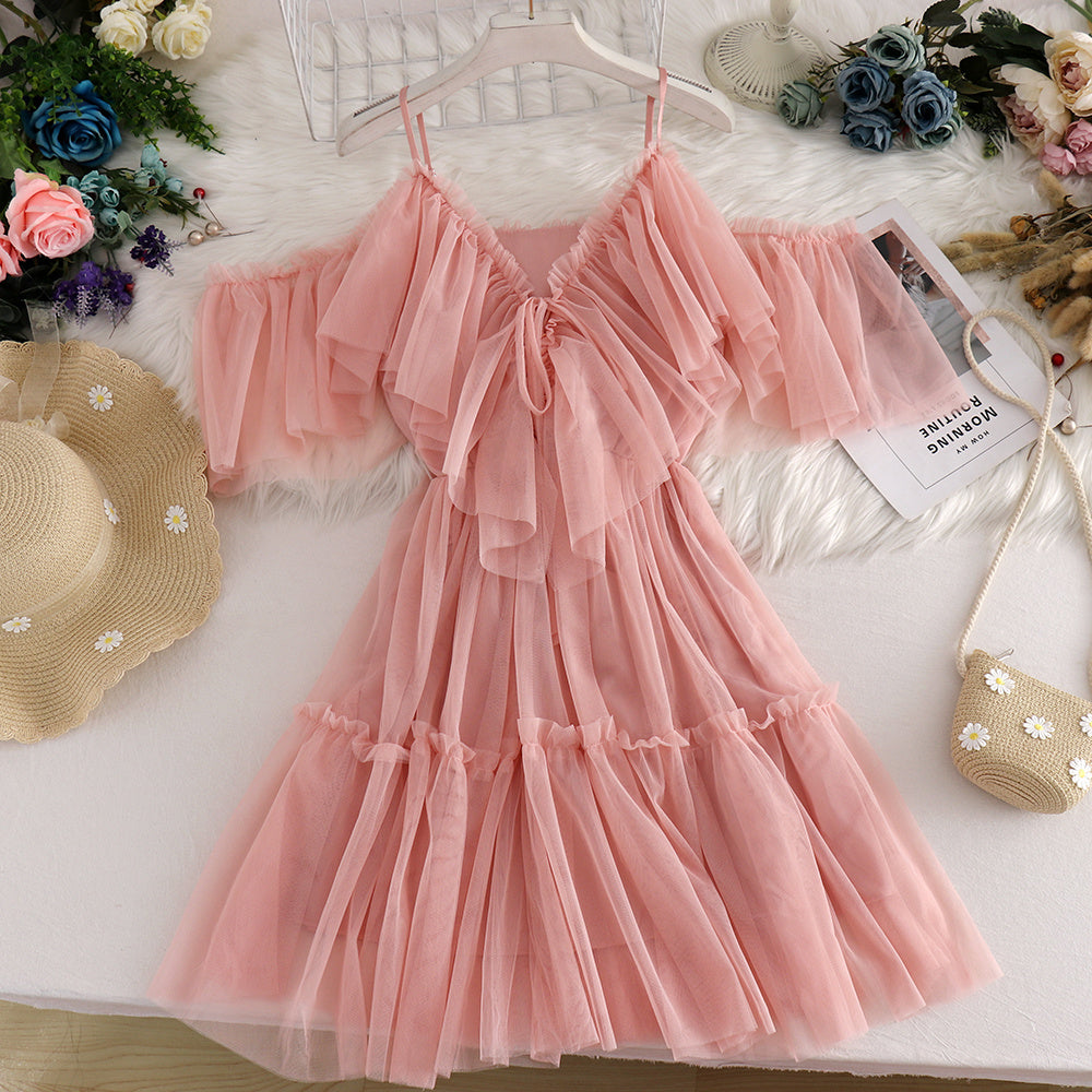 Off-the-shoulder Strappy Ruffled Mesh Dress