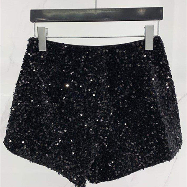 Short Hot Noir à Sequins Taille Haute Jambe Large en Polyester