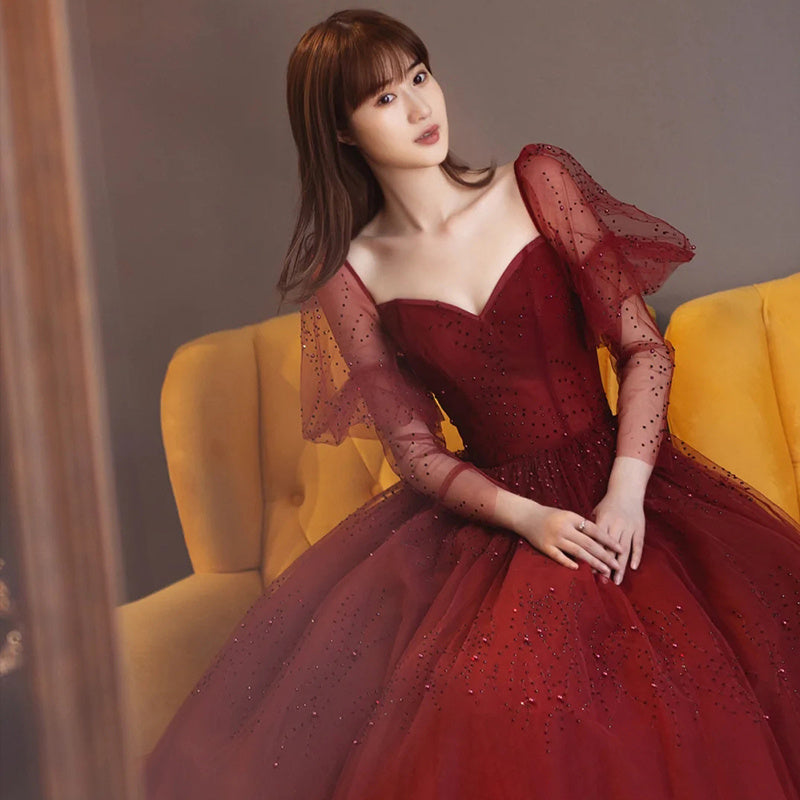 Wine Red Long Sleeve Bubble Sleeve Banquet Dress for Women