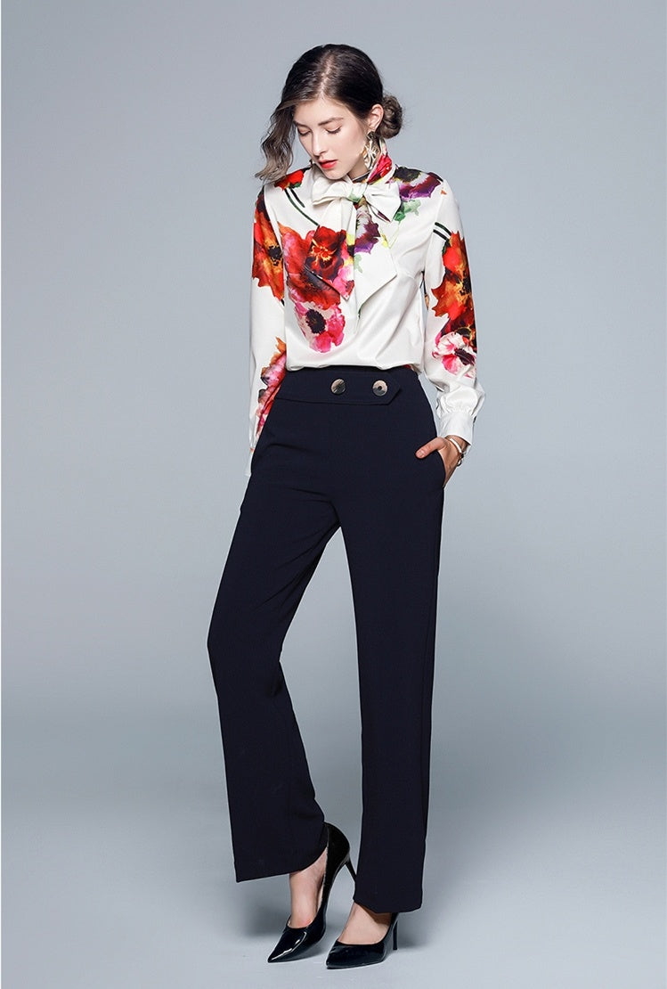 Women's White Long Sleeve Shirt with Bow Ribbon Print