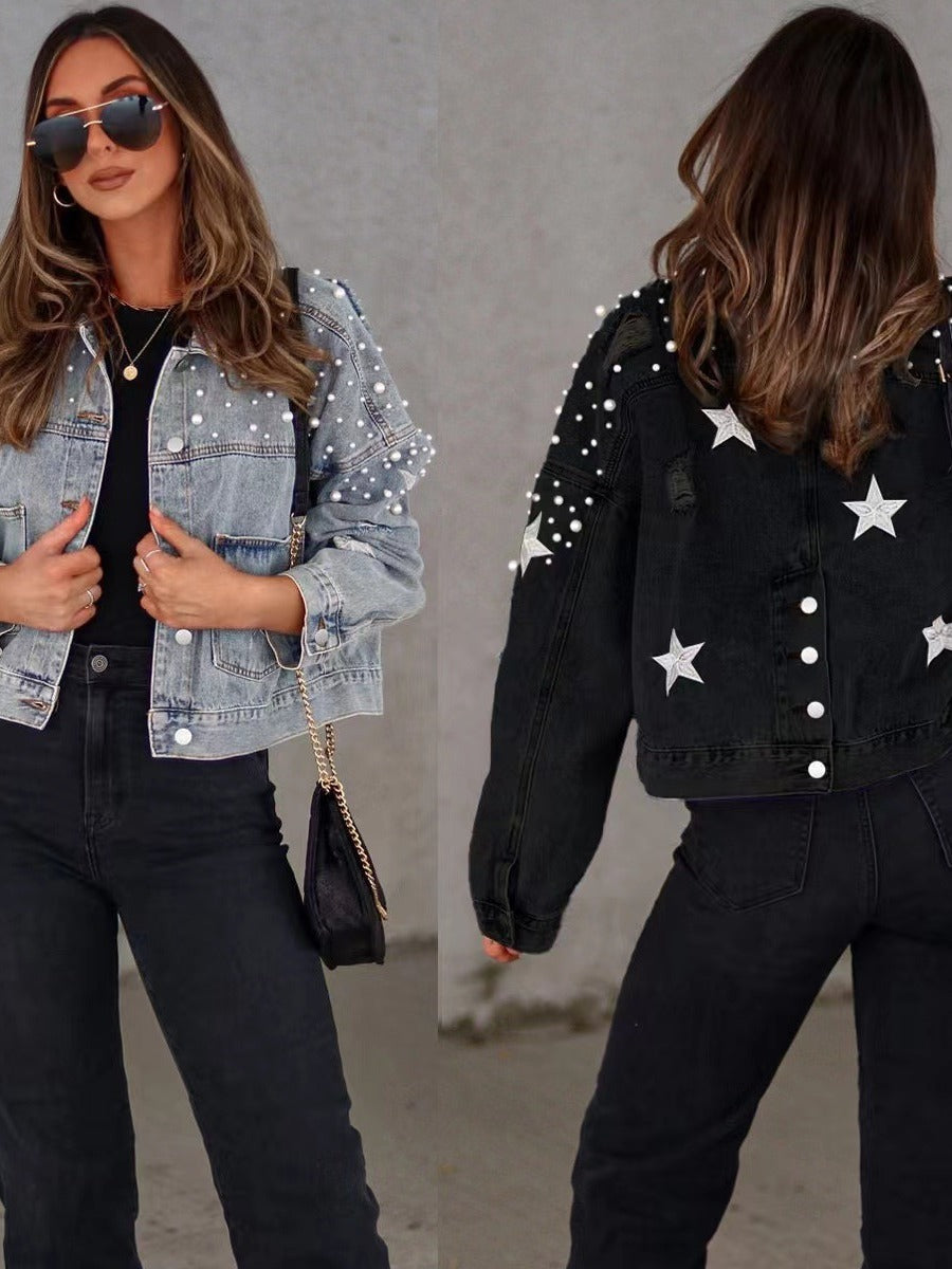 Heavy Industry Women's Loose Denim Jacket in Snowflake Blue & Black
