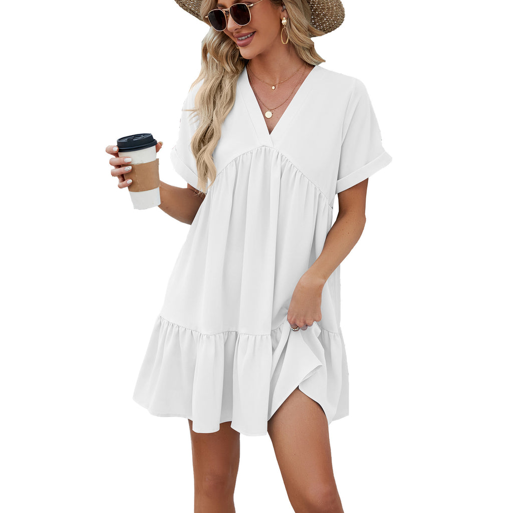 Robe plissée ample unie à col en V pour femme