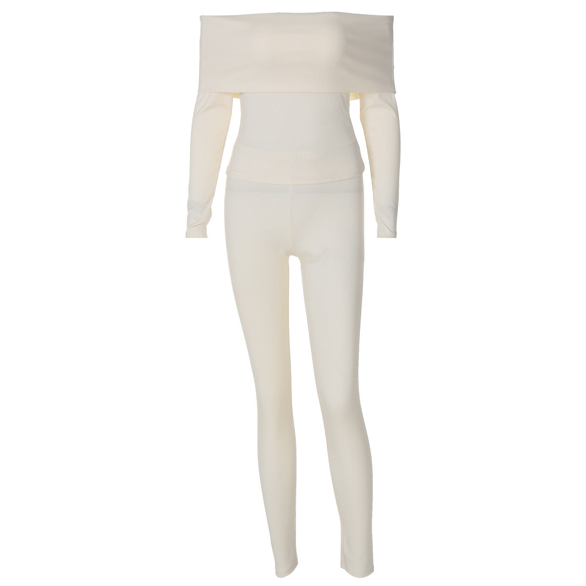 Ensemble deux pièces côtelé à épaules dénudées avec pantalon slim et manches longues