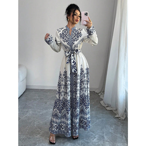 Vintage Blue Floral Women's Dress High Waist Short Sleeve
