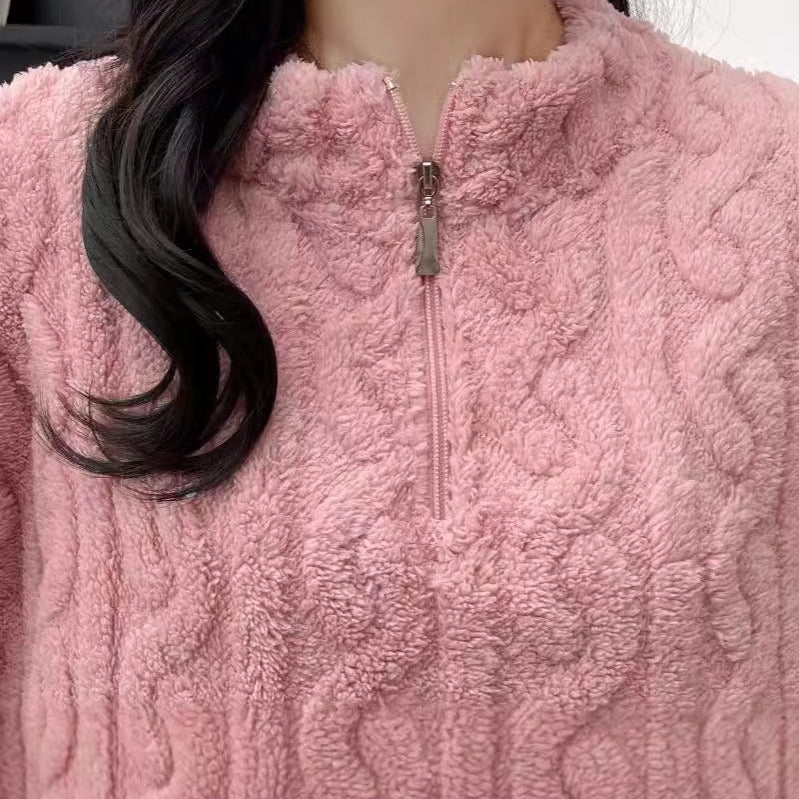 Pyjama Couple Hiver Automne en Polaire Corail Épais avec Fermeture Éclair Torsadée, Tenue d'Intérieur