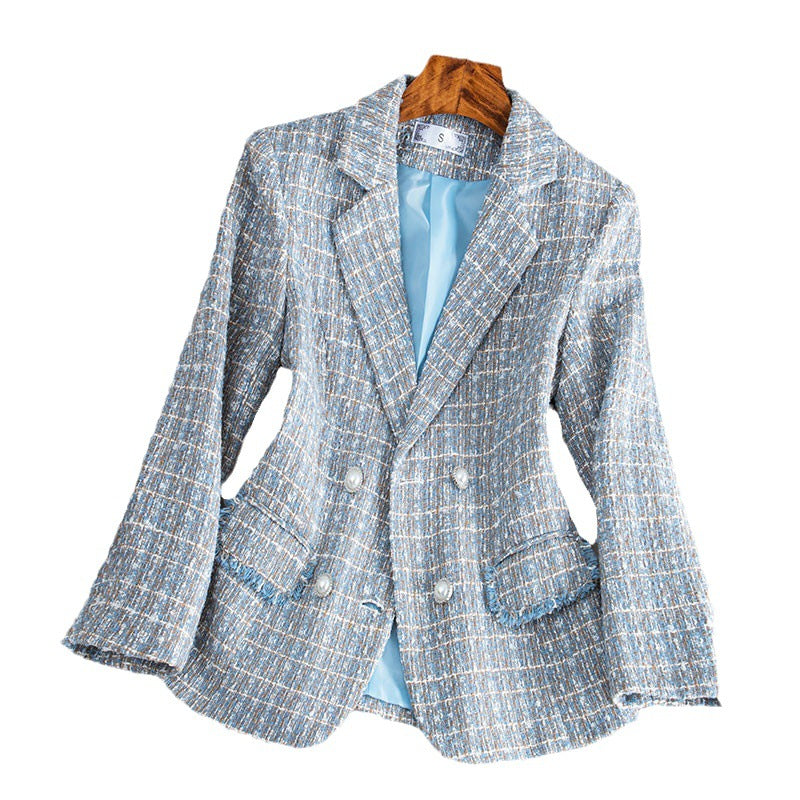 Plaid Tweed Woolen Coat with Pockets - Slim Fit, Blue, Black & Apricot Pink, Sizes S-3XL