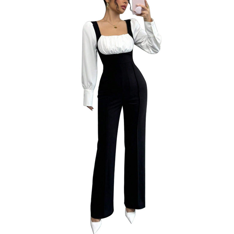 Combinaison pantalon bicolore noir et blanc à manches longues