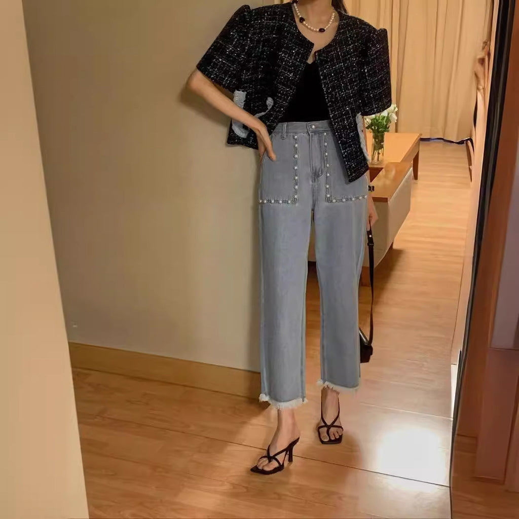 Light Blue High Waist Pearl Pocket Elastic Waist Cropped Jeans
