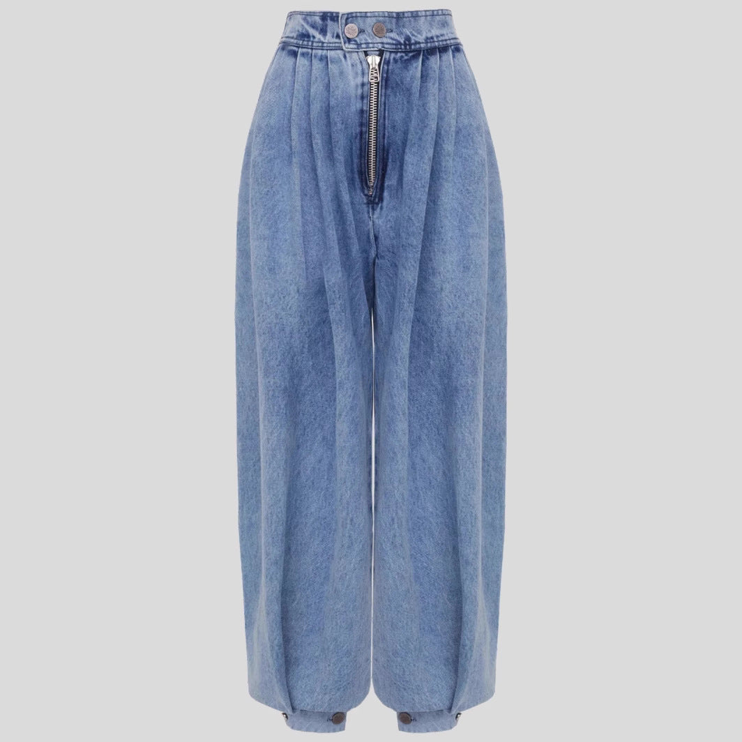 Jean ample taille haute avec attaches aux chevilles et fermeture éclair