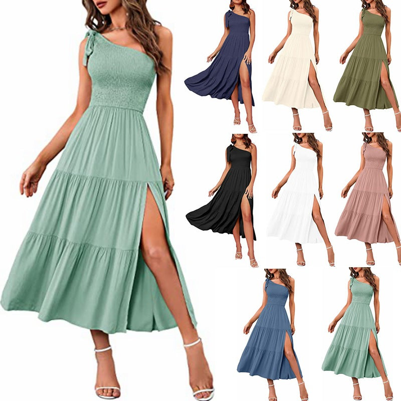 Robe d'été plissée asymétrique à volants et ourlet fendu pour femme