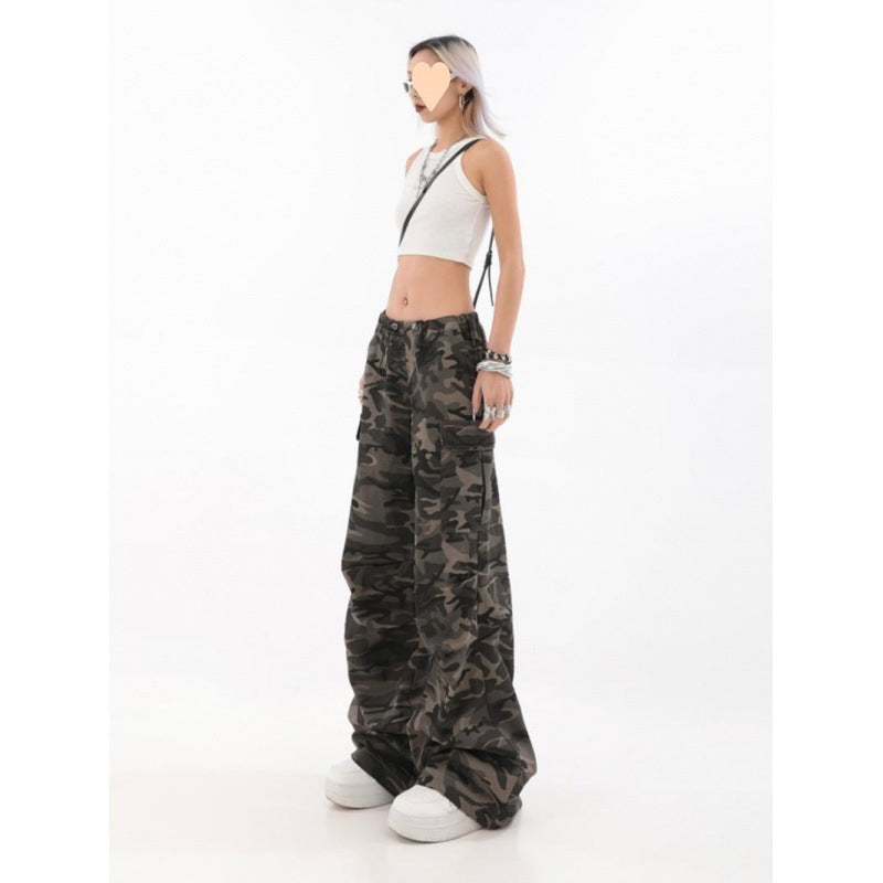American Retro Women's Camouflage Denim Cargo Pants Summer Loose High Waist