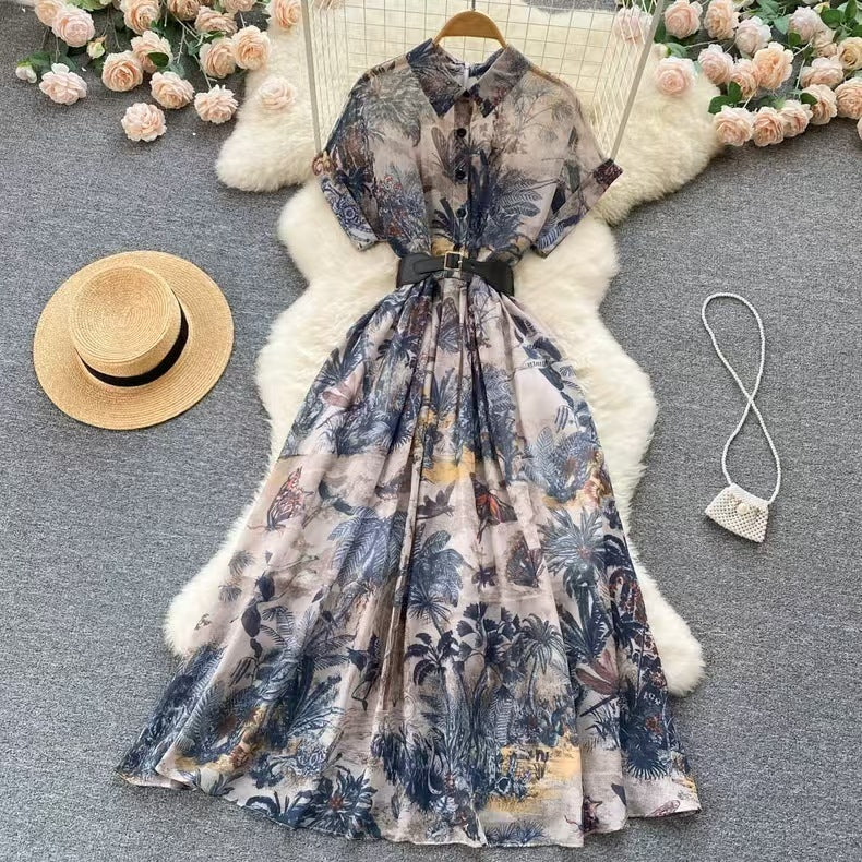 Robe en mousseline de soie élégante imprimée taille haute
