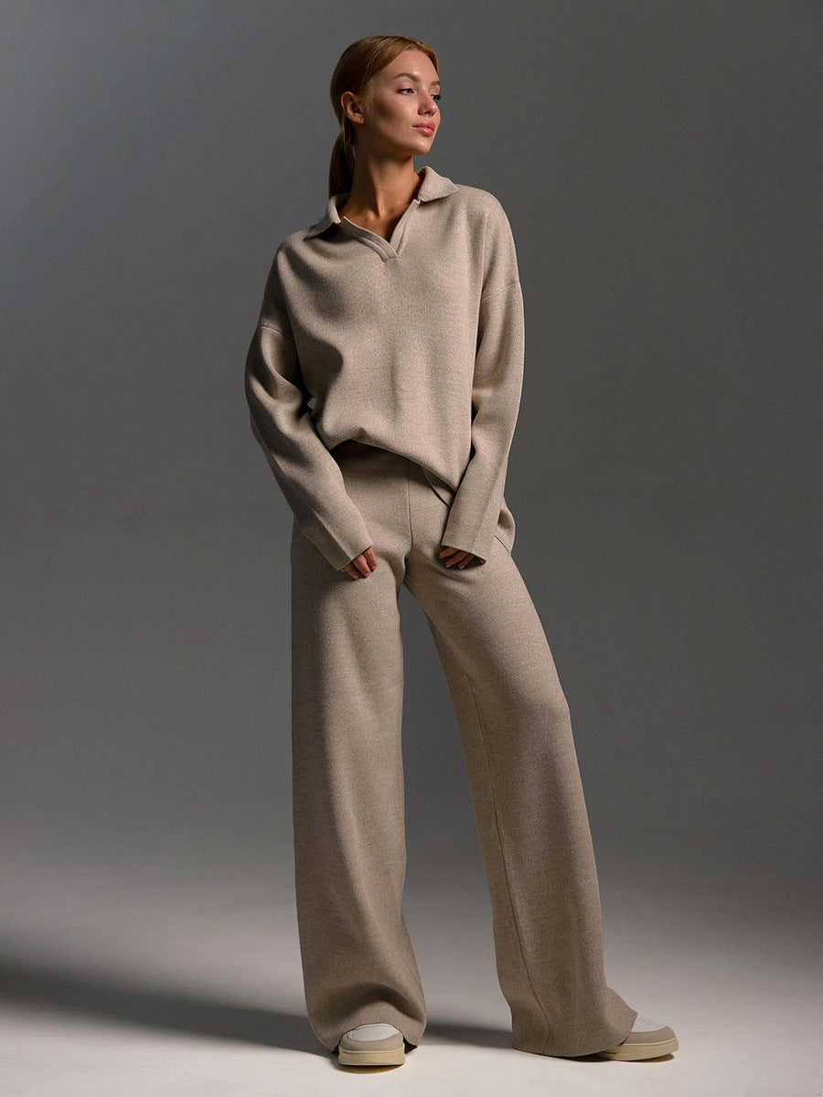 Women's Casual Sweatshirt Set Long-Sleeve Pullover Top & Loose Straight-Leg Pants