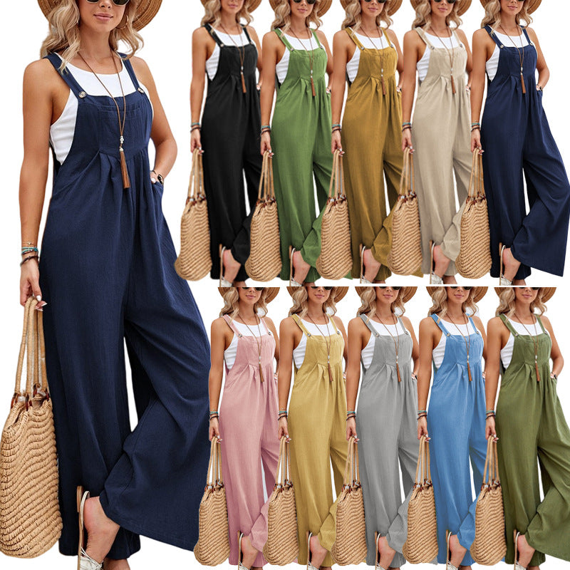 Women’s Long Cotton Bib Overalls Jumpsuit with Pockets Casual Loose Fit
