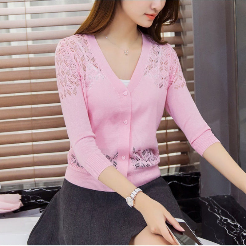 V-neck Short Outer Wear Cardigan Hollow-out Knitted Coat