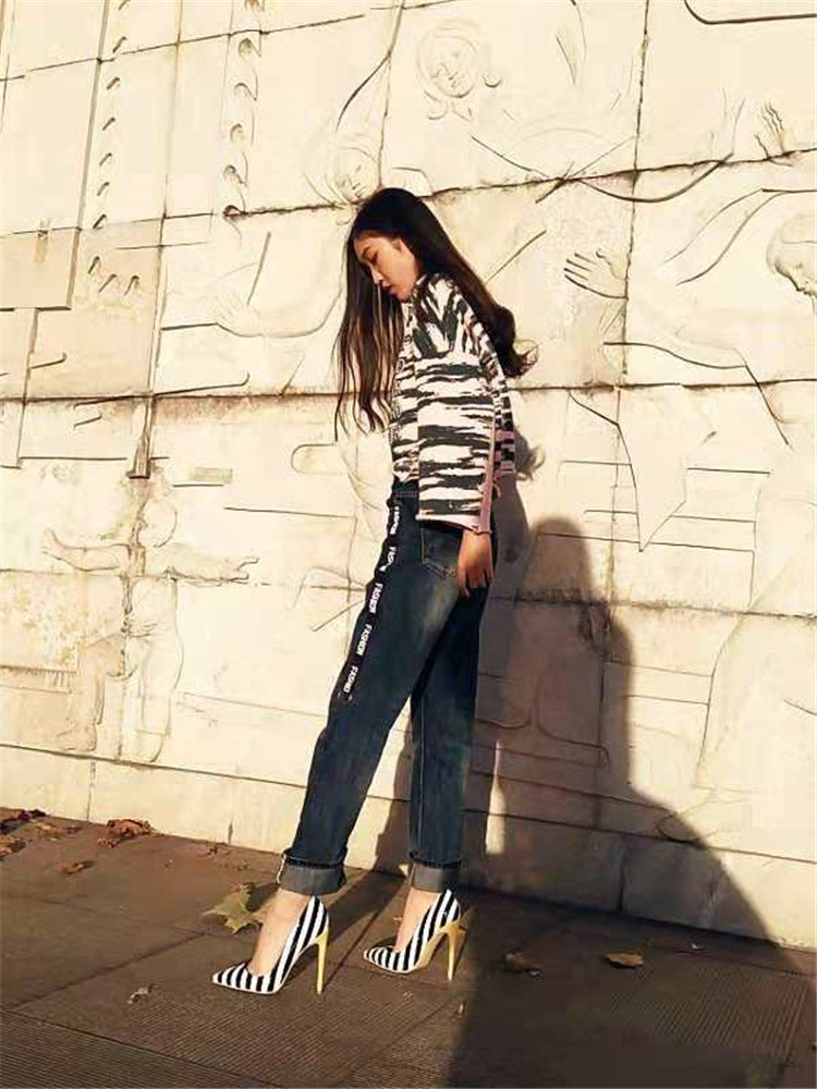 Striped Black & White 12CM Pointed Toe Stiletto High Heels for Women
