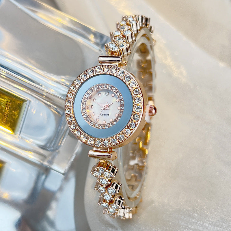 Montre à quartz pour femmes incrustée de strass en verre, couleur or, or rose et argent