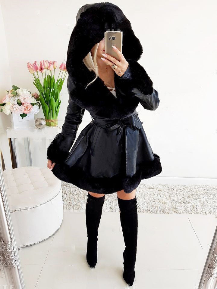 Women's Thermal Hooded Lapel Fur Splicing Coat in Polyester, Sizes S-XXXL
