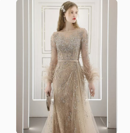 Diamond-Encrusted Long Evening Dress with Zipper and U-Neck