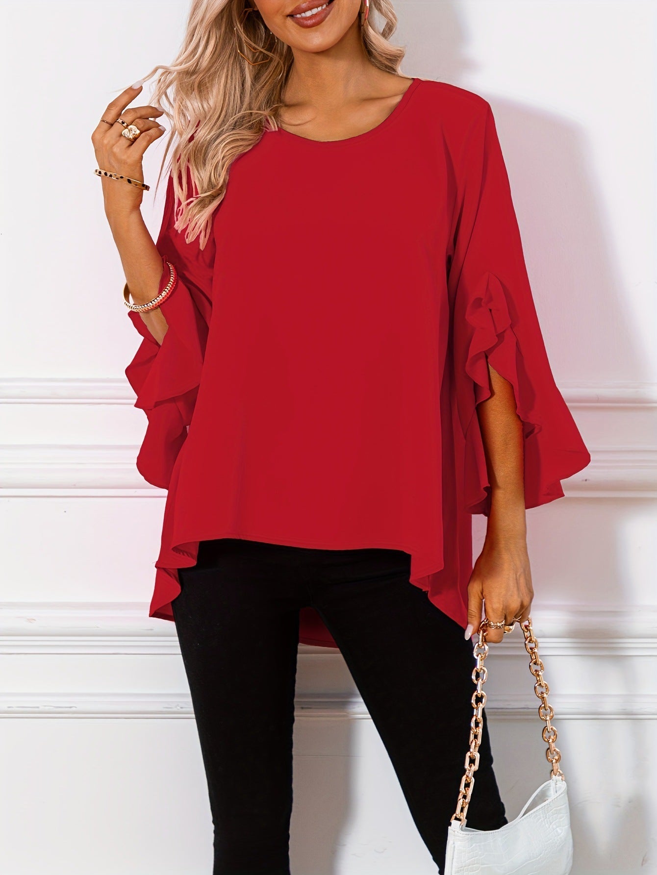 Solid Color Round Neck Shoulder Ruffle Sleeve Top