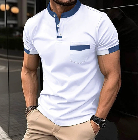 Men's Color Matching Pocket Polo Shirt with Zipper Detail