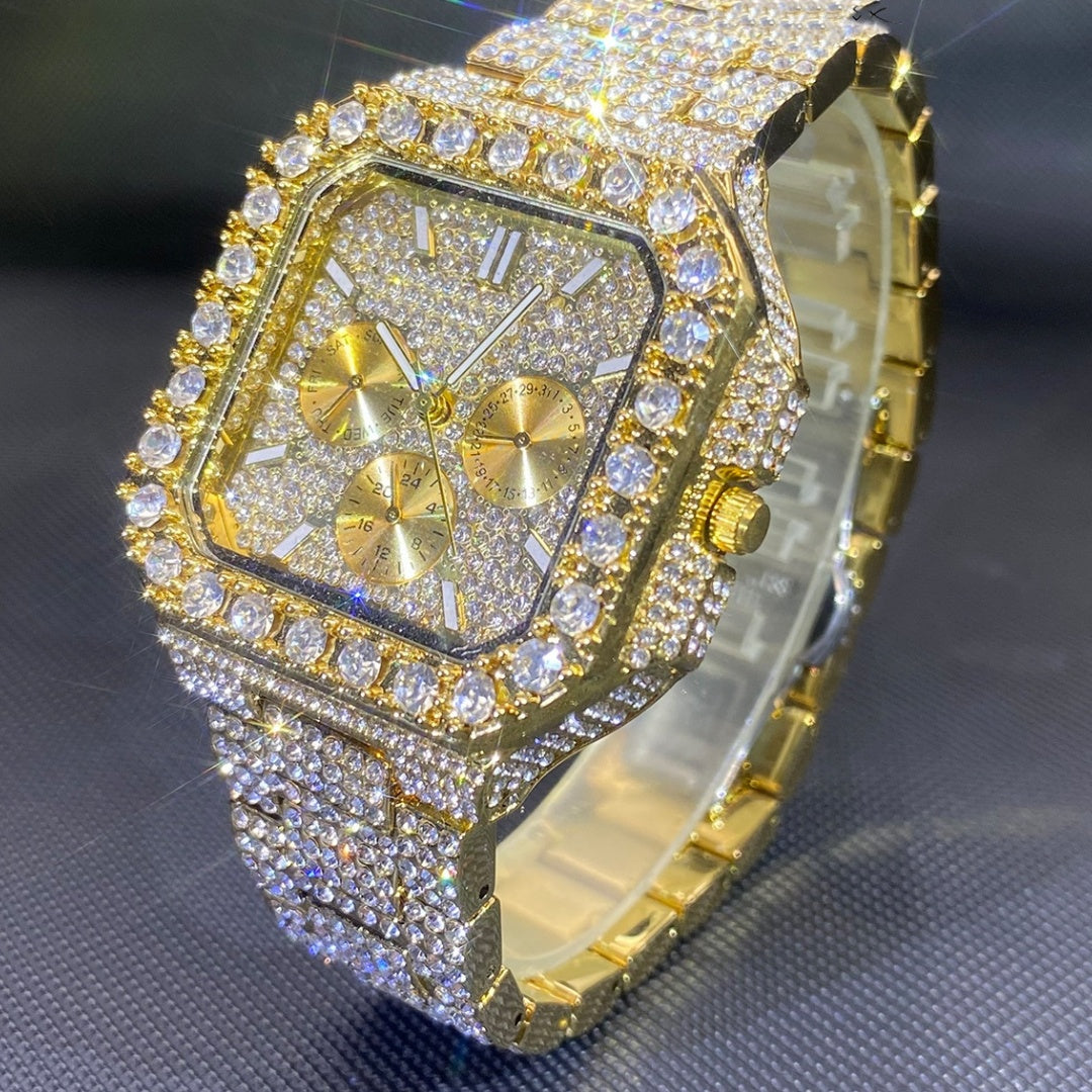 Montre carrée hip-hop pour homme incrustée de diamants – Or et argent, multifonctionnelle