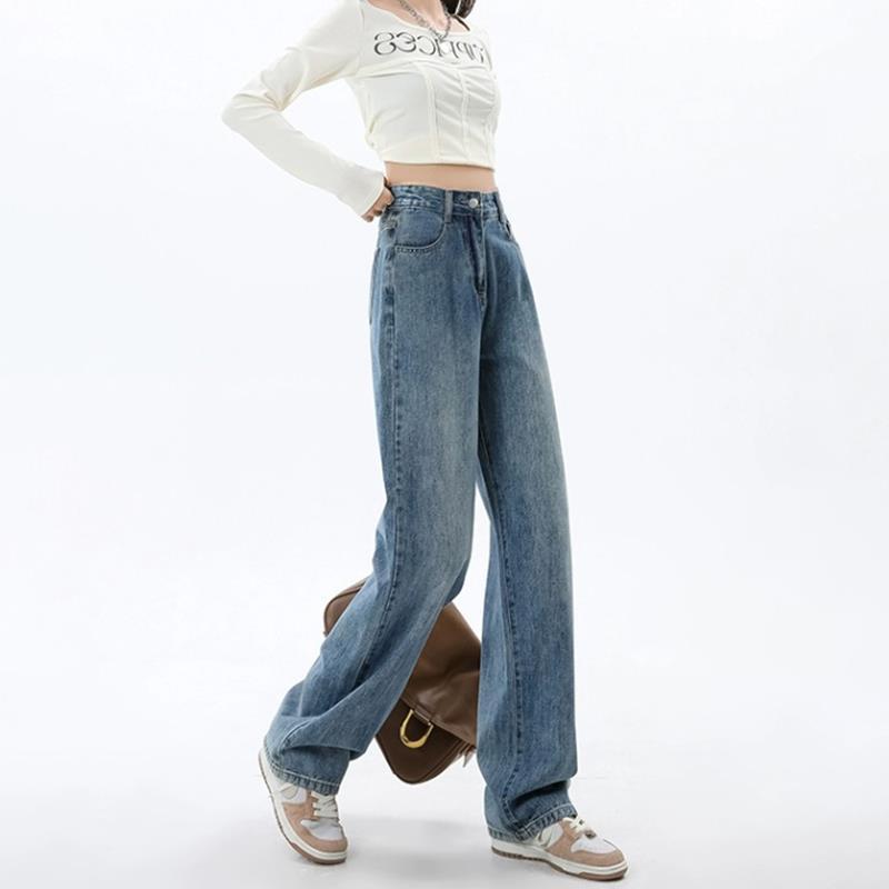 High Waist Wide Leg Denim Jeans for Women Spring Autumn Retro Blue