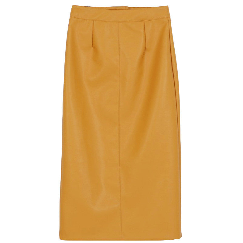 PU Leather High Waist Mid-Length Slimming Skirt with Buttons & Zippers