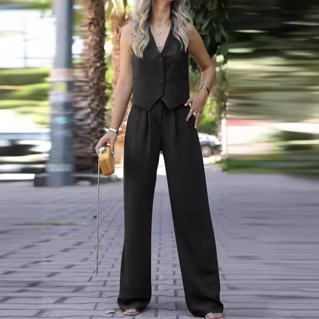 Ensemble tailleur gilet sans manches col V et pantalon large