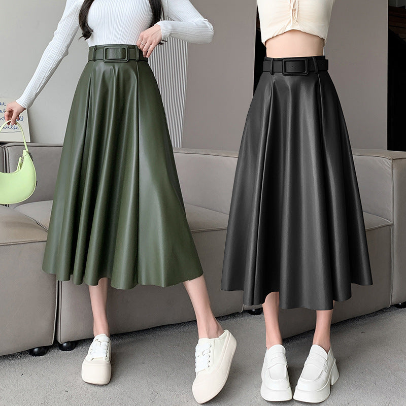 Jupe midi trapèze taille haute en peau de mouton pour femme