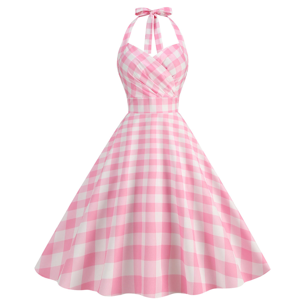 Robe Swing Imprimée Rétro Sexy Moulante à Col Halter et Poitrine Enveloppante