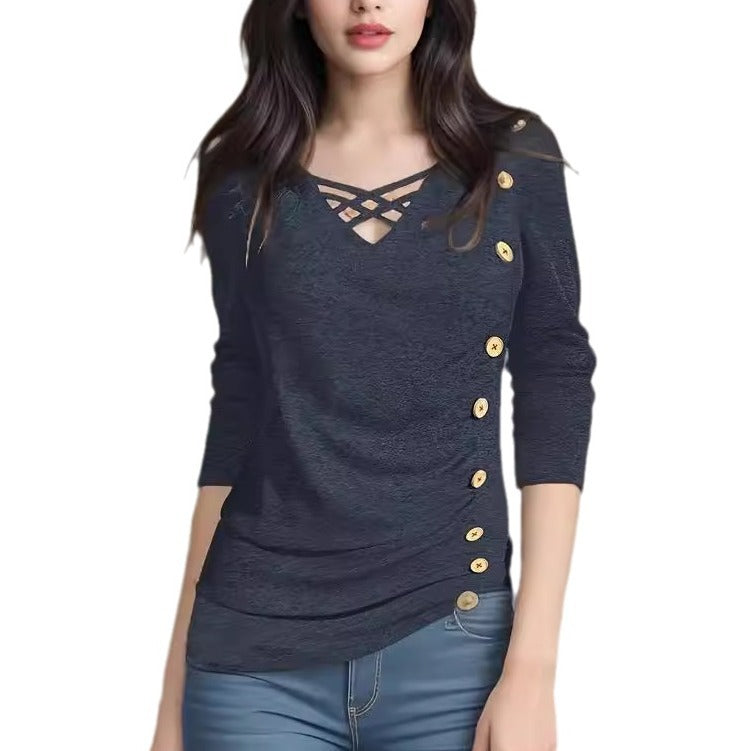Chemisier mi-long élégant de couleur unie avec col en V, manches longues et faux boutons
