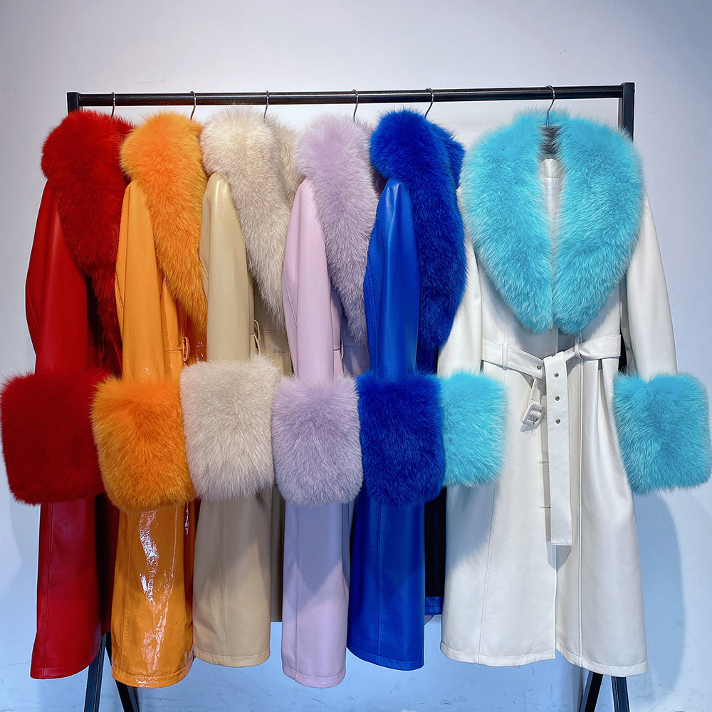 Slim-Fit Genuine Leather Sheepskin Coat with Fox Fur Collar