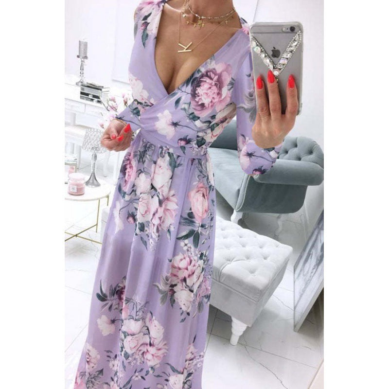 Long Sleeve Printed Chiffon Bohemian Dress for Women