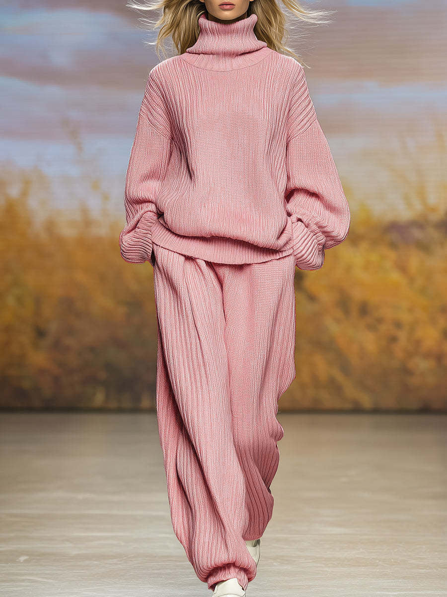 طقم من كنزة بياقة عالية فضفاضة محبوكة وبنطال واسع الساقين