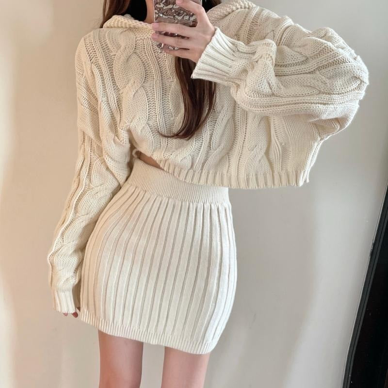 Retro Style Fashionable Hooded Twist Knit Sweater Skirt Suit