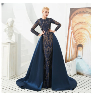 Long Sleeve Small Tail Evening Dress with Zipper and Round Neck