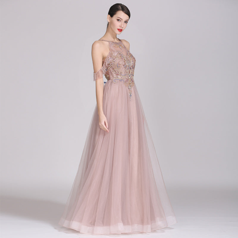 Bean Paste Color Handmade Evening Dress with Sequins, Mid Waist, Long Skirt, Sizes XS-XL