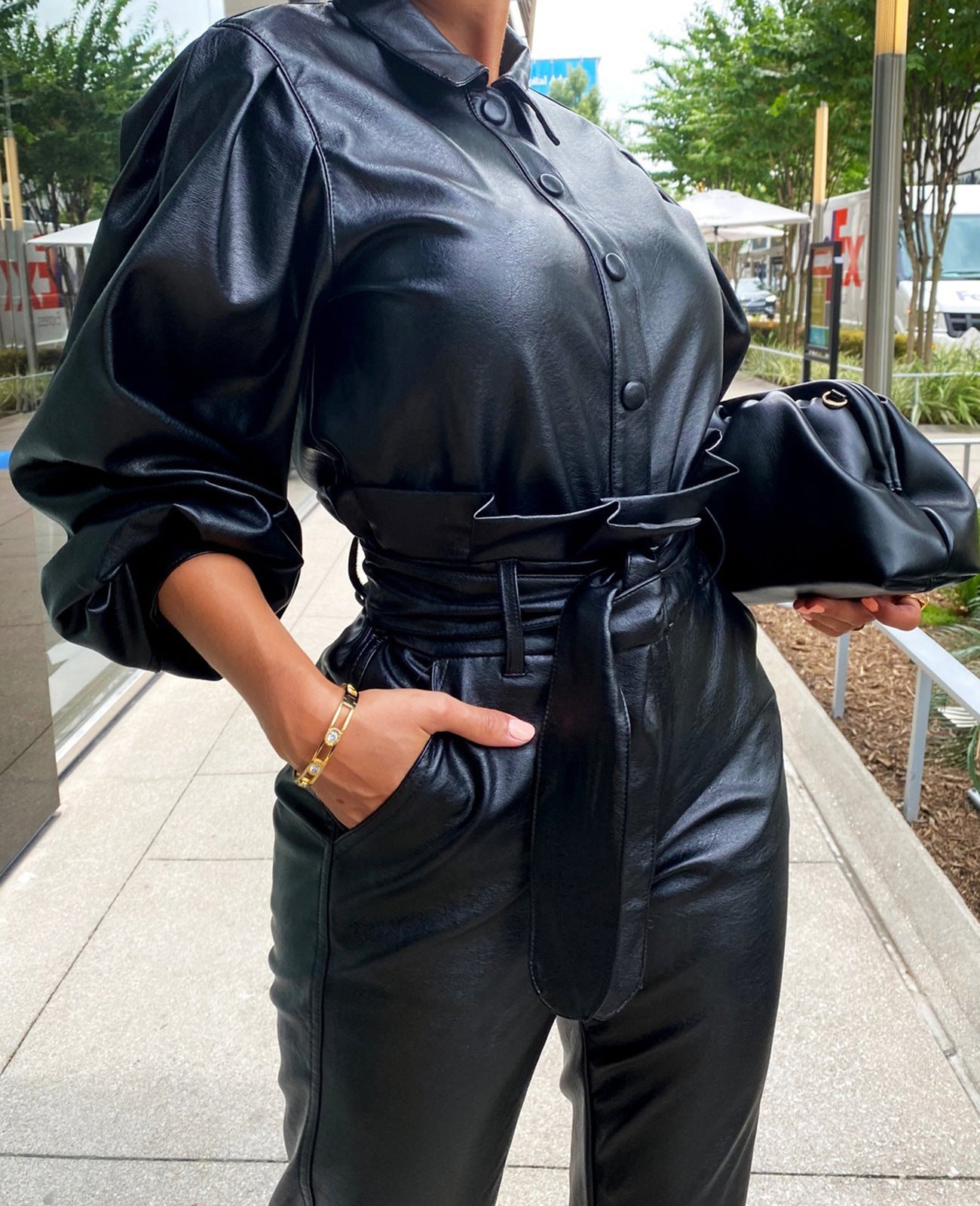 PU Leather Long-Sleeve Two-Piece Suit for Women