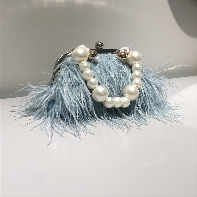 Pearl Chain Plush Messenger Bag Women's Ostrich Style Medium 22x20x4CM