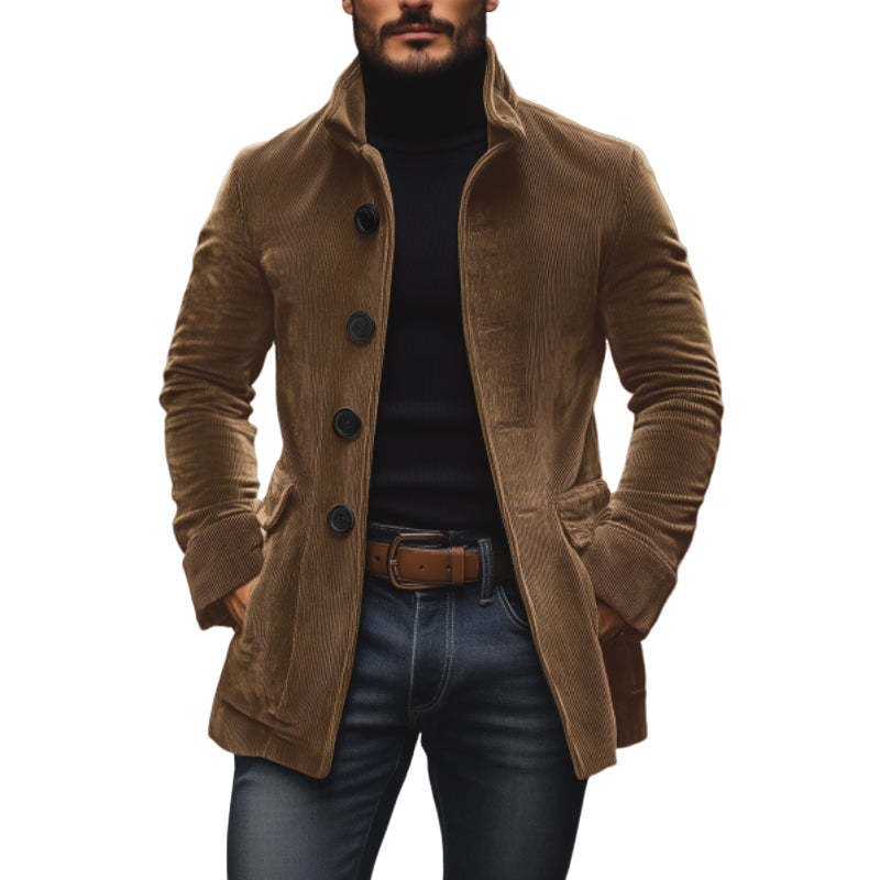 Men's Slim Fit Corduroy Winter Jacket Stand Collar Button-Up Coat