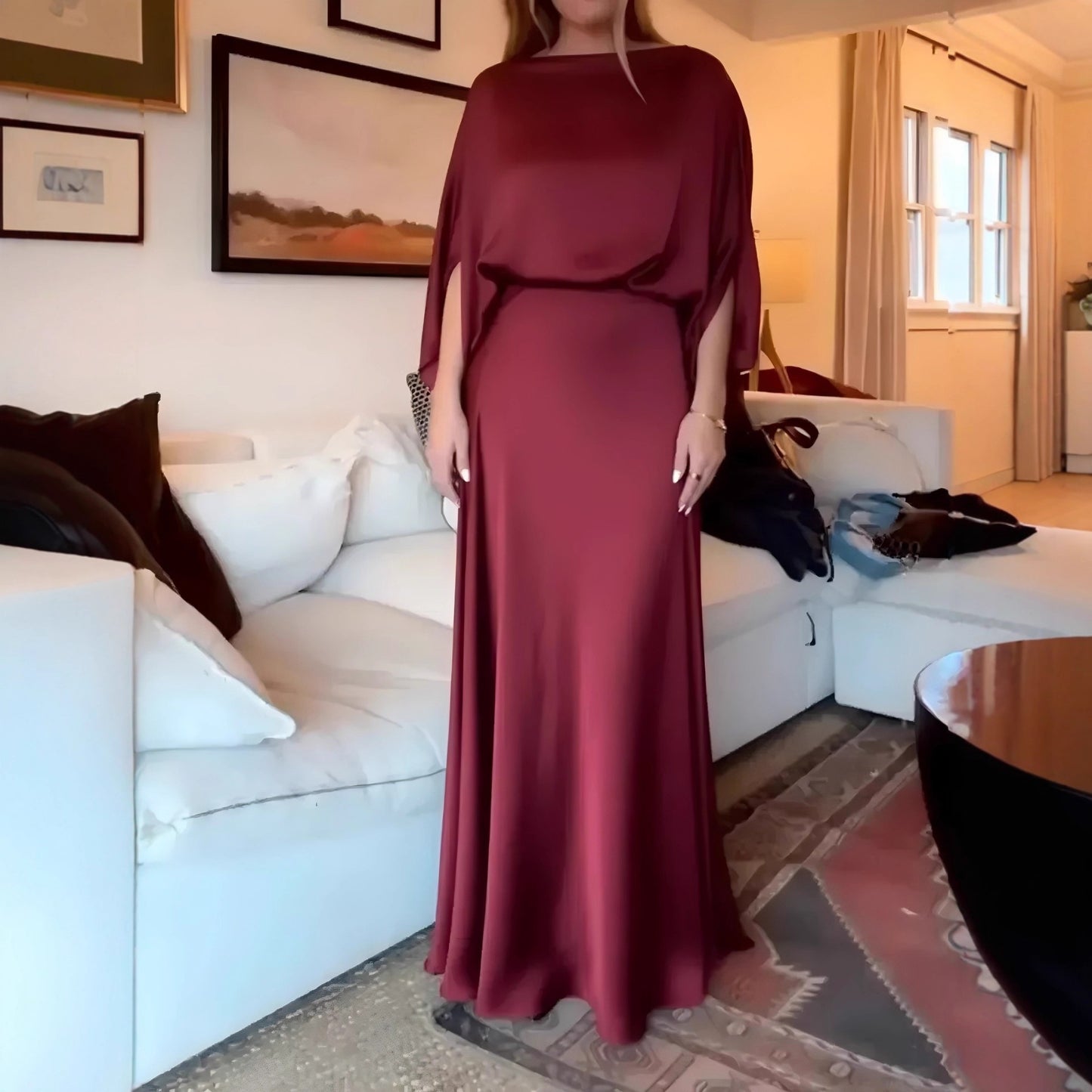 Sleek Solid-Color Satin Long Dress with Bishop Sleeves for Arabian Nights