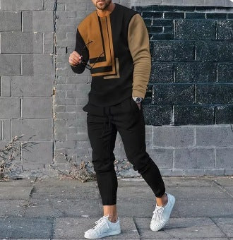 Men's Ethnic Style Printed Long Sleeve Trousers Suit Cotton Blend