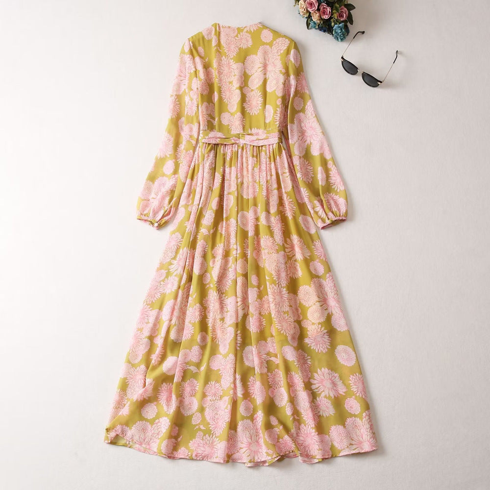 Robe longue femme à col rond, manches lanternes et ceinture à nouer